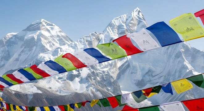 Colorful prayer flags in foreground with snow capped mountains under a clear blue sky creating a vibrant contrast symbolizing peace and spirituality