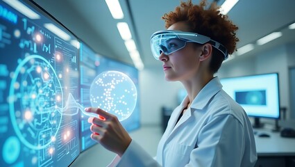 A young African-American woman in a lab coat uses augmented reality glasses to interact with digital data projections.