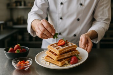 Chef prepares delicious waffles with fresh strawberries and garnishes in a kitchen setting