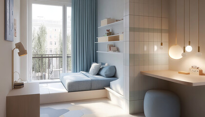 Modern and functional small room with city views. Streamlined design and soft tones.