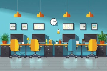 Bright, Modern Office Setup: Yellow Chairs and Blue Walls Create a Vibrant Workspace Ambiance