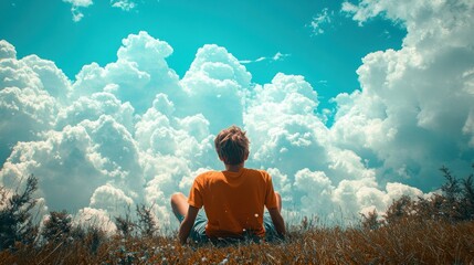 Fototapeta premium Teen gazes at huge clouds