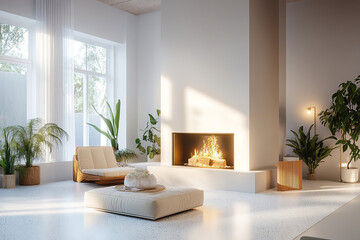 Modern and bright living room with minimalist fireplace. Contemporary design with plants and natural light.