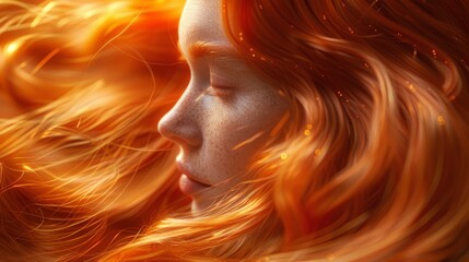 A mesmerizing portrait featuring a young woman with flowing red hair, showcasing her ethereal beauty and the captivating textures of light and color in a dreamy atmosphere.