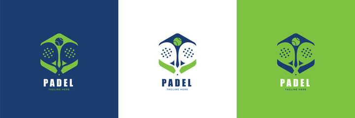 Modern padel logo set with rackets and ball, perfect for sports clubs, events, or padel branding.