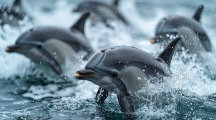 Obraz premium A captivating moment of dolphins joyfully swimming together in the ocean waves, showcasing their natural grace and intelligence in a vibrant marine environment full of life.
