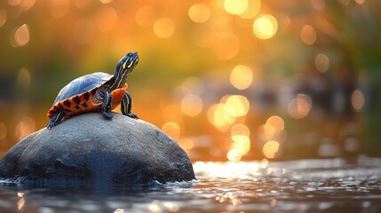Turtle basking on rock in sunlit stream