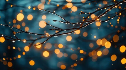Twigs with water droplets against a bokeh background of warm lights