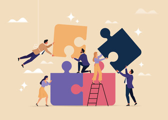 Business Teamwork concept. Hand draw cartoon Group of diverse people putting together a huge puzzle details. Isolated on background. Vector illustration