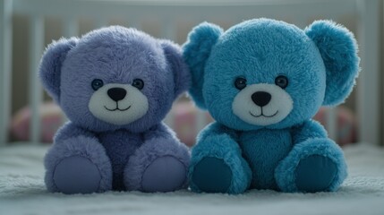 Two cuddly teddy bears, purple and blue, sit side-by-side
