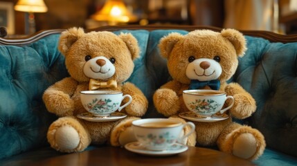 Two teddy bears in a cozy cafe, holding teacups