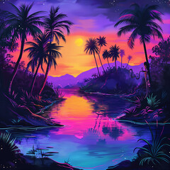 A futuristic cyberpunk scene set on a summer beach, illuminated by abstract bursts of neon light and vibrant electronic colors in vivid viva magenta.