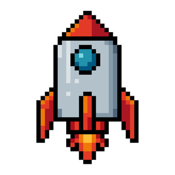 pixel art Icon vibrant and detailed illustration of a rocket taking off, depicted in a classic retro video game style.