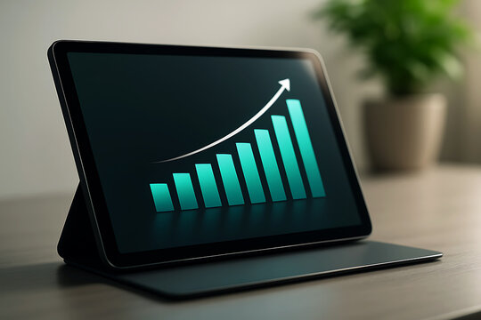 Tablet displaying upward trending bar graph