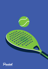 Modern padel racket and ball vector. Blue background sports illustration for padel-themed content.