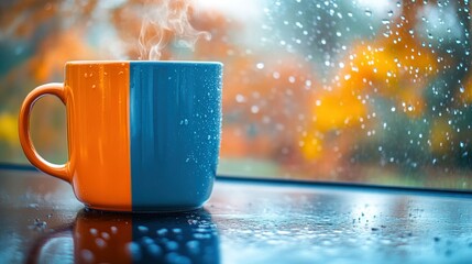 Warm coffee mug on rainy windowsill