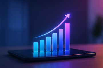 Glowing bar graph showing business growth on tablet