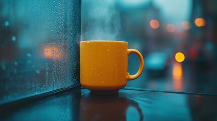 Warm mug by rainy window