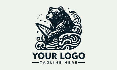 Detailed engraved illustration of a bear surfing on a wave with a sunburst and palm tree in a circular frame. Summer adventure concept