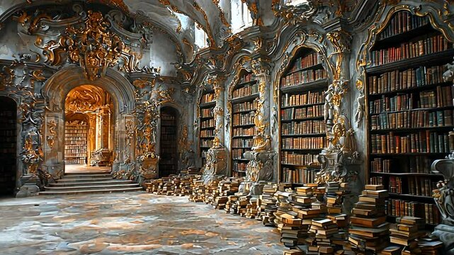 Ornate library interior with towering bookshelves, scattered books, and intricate architecture