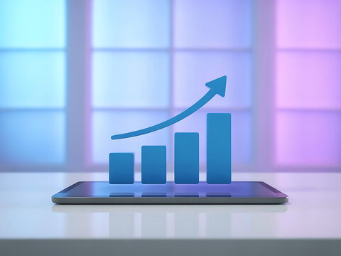 Digital tablet showing upward trending bar graph