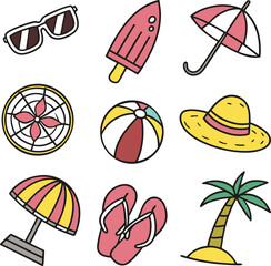 Minimalist Summer Beach Icon – Sun, Umbrella & Wave Vector