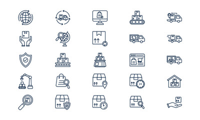Delivery logistic icon showing transportation, package shipping, and supply chain service in outline style