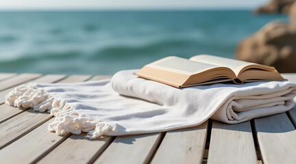  Beach Essentials on Blue and White Striped Towel with Sunglasses, Sun Hat, and Sunscreen.