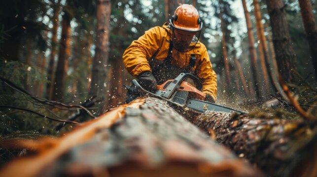 A focused logger operates a chainsaw, expertly cutting through a fallen tree. This image highlights the craftsmanship and dedication involved in forestry and logging work.