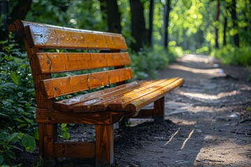 Fototapeta premium A serene park bench glistening with water droplets from recent rain, surrounded by lush greenery and sunlight filtering through trees, inviting relaxation in nature.