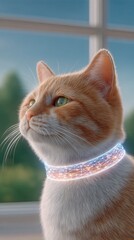 Pet emotion tracking with AI wearable device for real-time insights, A close-up of a cat with a glowing collar looking thoughtfully. Pet owner using mobile app synced with AI collar