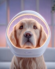 Pet emotion tracking with AI wearable device for real-time insights, A golden retriever wearing a futuristic space helmet indoors. Pet owner using mobile app synced with AI collar
