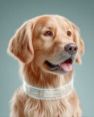 Pet emotion tracking with AI wearable device for real-time insights, A golden retriever with a high-tech collar showcasing its health. Pet owner using mobile app synced with AI collar