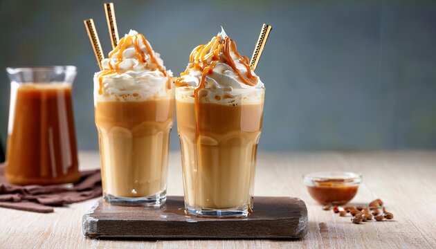 delicious caramel latte frappes topped with whipped cream and caramel drizzle