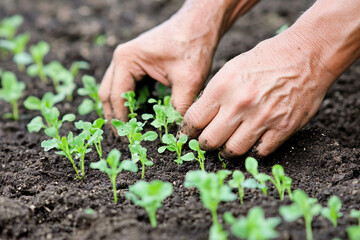 Farmer planting seedlings in rich soil during daylight hours Generative AI
