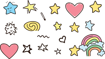 Collection of Cute Hand-drawn Doodle Elements Stars Hearts Rainbow and Magic Wand Vector Illustration for Kids Designs Greeting Cards Invitations Scrapbooking and Web Design Projects