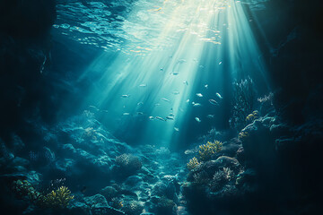 Sunlight streams through the ocean illuminating coral and a school of fish in the deep blue sea