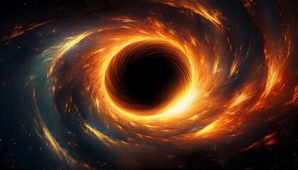a vibrant depiction of a black hole s accretion disk radiating intense energy and surrounded by a swirling nebula of fiery orange and gold