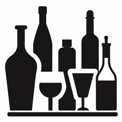 Various arrangements of wine bottles and glasses filled with red and white wine are isolated against a white background, perfect for showcasing beverages and celebrations