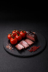 Grilled beef steak meat with salt and pepper. Beef steak grilled on a barbecue