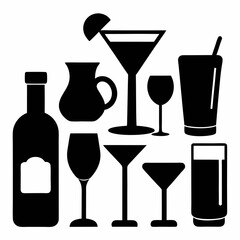 A diverse set of alcoholic beverages and cocktails in various glasses and bottles, perfect for bar and restaurant illustrations