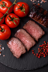 Grilled beef steak meat with salt and pepper. Beef steak grilled on a barbecue