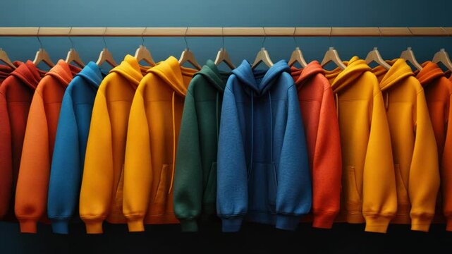 Row of colorful hoodies hanging on wooden hangers