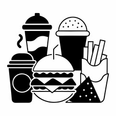 Vector hand drawn food emblems and illustrations. Fast Food set. stock illustration.
