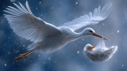 Fantasy scene of white stork flying through snowfall carrying a baby bird in a blanket perfect for magical children’s stories, nursery art and birth announcement designs © gleb