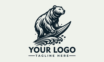 Detailed engraved illustration of a bear surfing on a wave with a sunburst and palm tree in a circular frame. Summer adventure concept