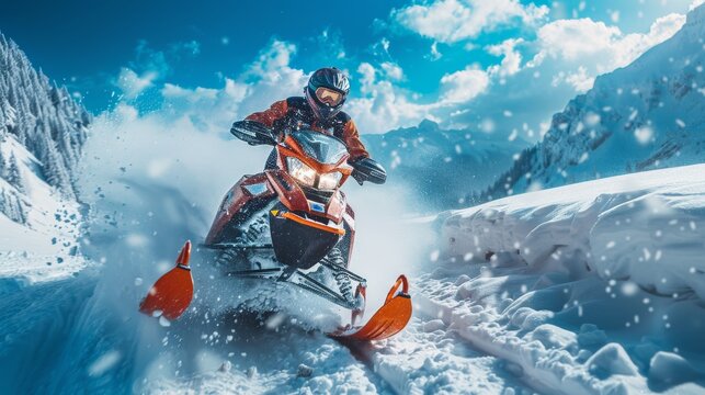 A dynamic scene capturing a snowmobiler speeding through a snowy landscape, surrounded by majestic mountains and vivid blue skies, evoking excitement and freedom.