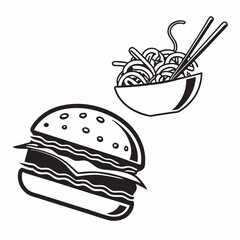 Burger  - black doodle isolated on white background, vector