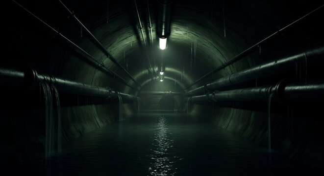 Fototapeta Dark and mysterious sewer tunnel concept art with water flowing from pipes. Scary game location background design.