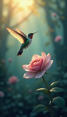 Naklejka premium Hummingbird and Rose in a Dreamy Garden